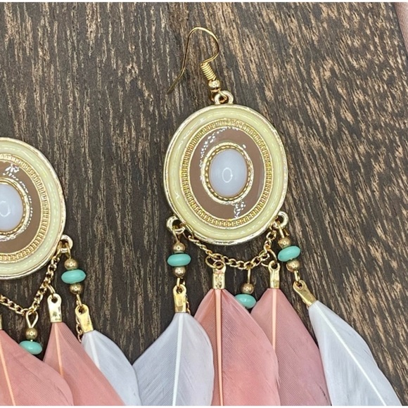 Bohemian Pink And White Feather Turquoise Beaded Earrings - Picture 2 of 3
